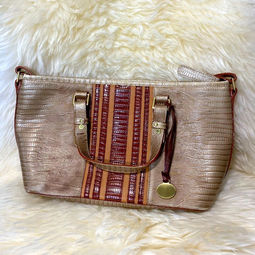 BRAHMIN MINI ASHER in CABANA VINEYARD Cream & Brown GENUINE LEATHER HANDBAG